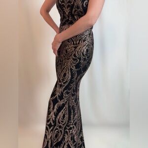 Betsy & Adam Black and Gold Evening Gown